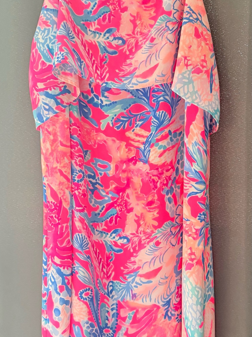 Vibrant Coral & Blue Tropical Maxi Dress